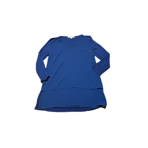 Michael Kors Mixed Woven Knit Layered Hem V-Neck 3/4 Sleeve Shirt Blue Size XS - Picture 2 of 8